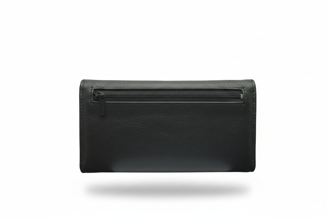 Back view of the Aricio Grande laser-engraved leather wallet in Tobacco, showcasing the slim profile and premium full-grain leather texture.