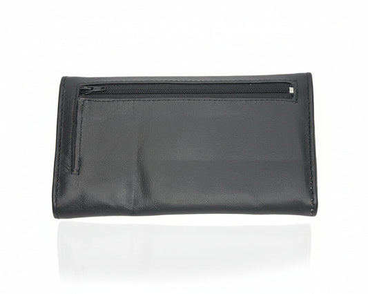 Back view of Aricio laser-engraved L.E. Grande black leather wallet, showcasing premium handcrafted leather, fine stitching, and refined luxury detailing.