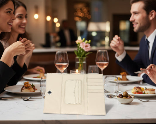 Open Aricio Mag Grande Ivory leather wallet displayed in an elegant dining scene with friends, showcasing premium craftsmanship, soft ivory leather interior, and refined luxury lifestyle setting.