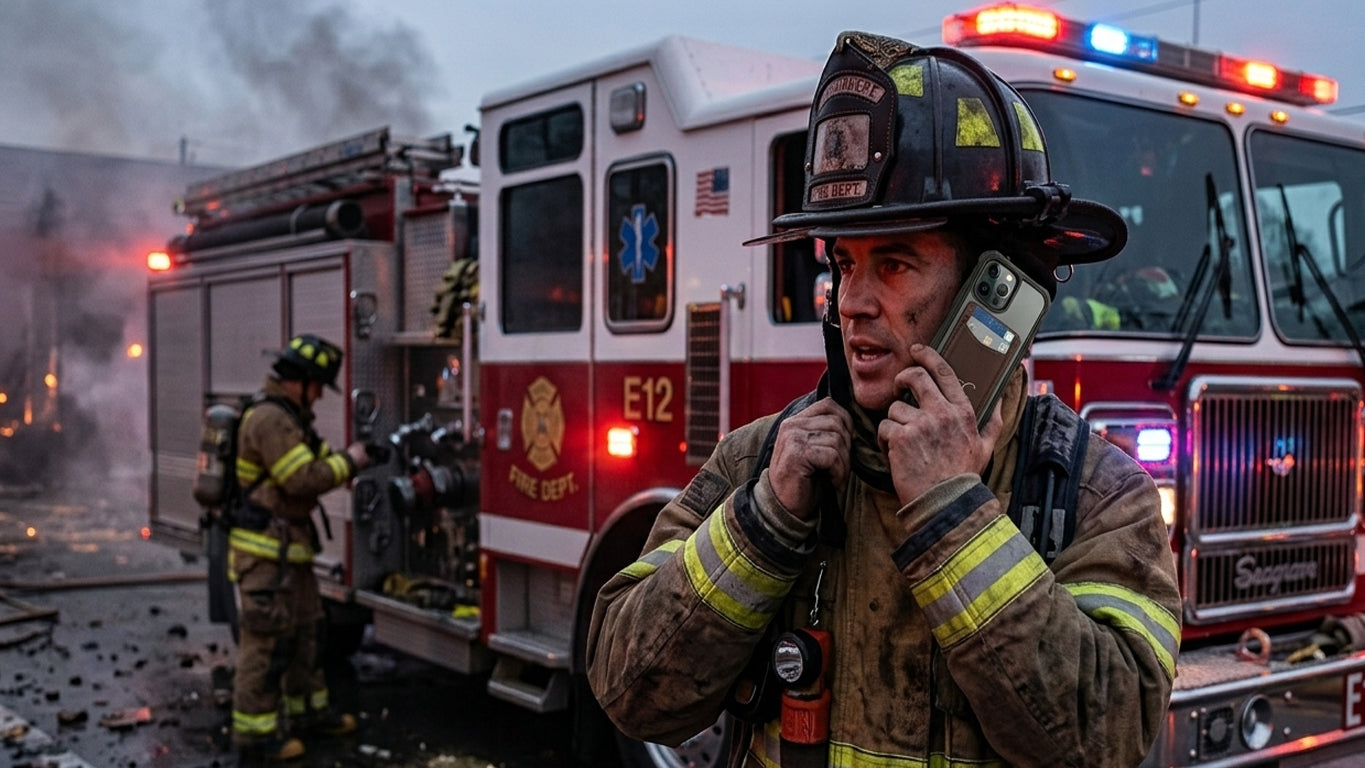 Aricio RFID MAG C tobacco card holder attached to the back of a phone used by a firefighter