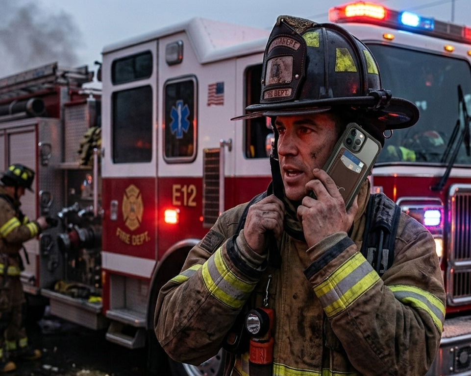 Aricio RFID MAG C tobacco card holder attached to the back of a phone used by a firefighter