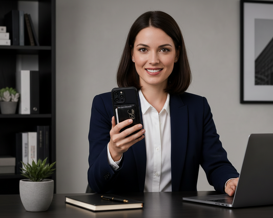professional-woman-using-Aricio-MAG-C-card-holder-on-the-back-of-a-phone.