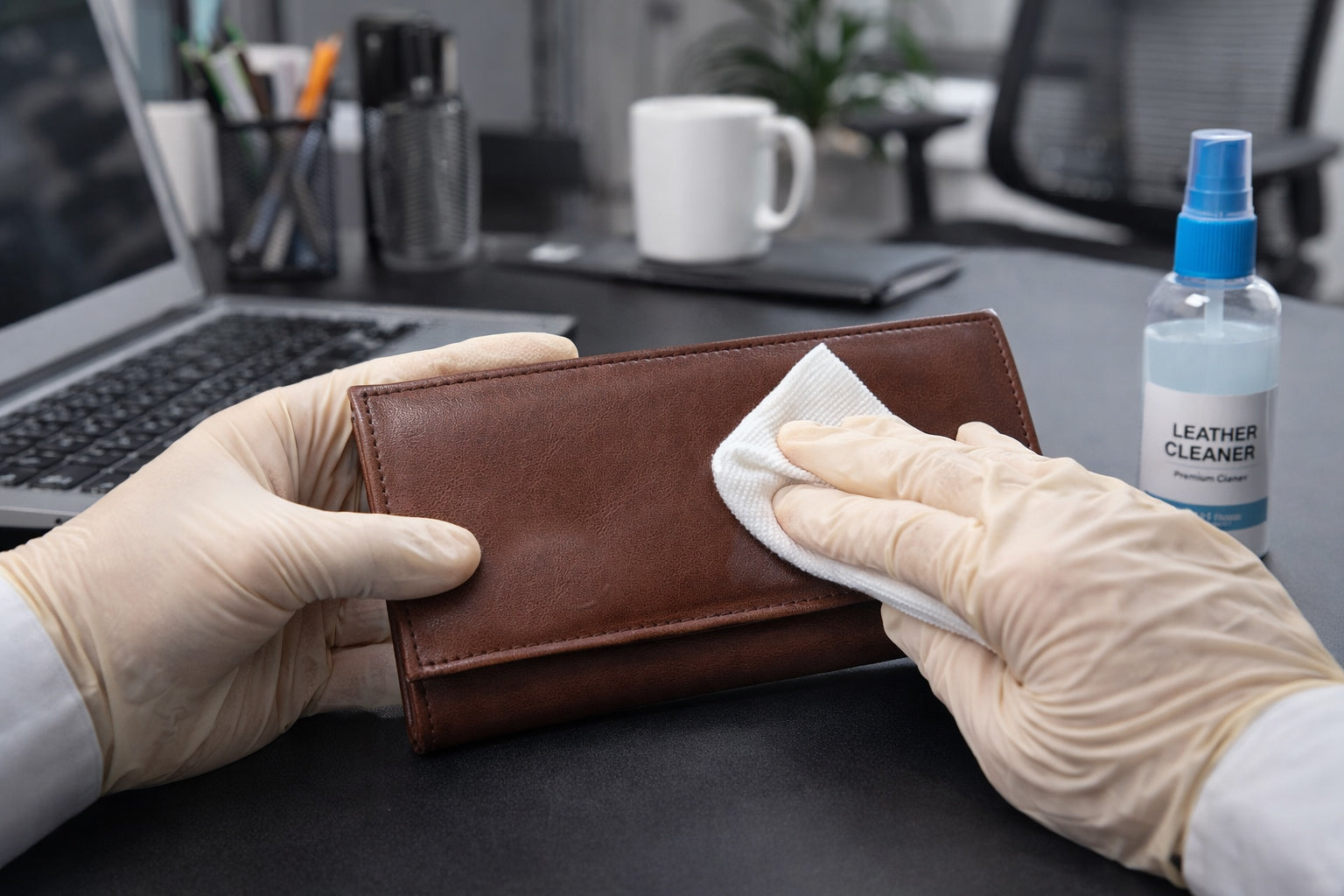 Demonstration of cleaning a leather wallet to maintain its quality and extend durability