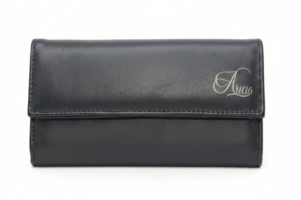 Aricio Grande handcrafted leather wallet with custom laser engraving and magnetic card holder in Tobacco brown.