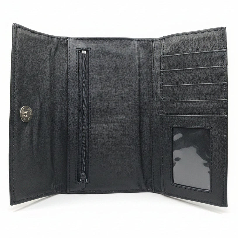 Interior view of the Aricio Grande laser-engraved leather wallet in Tobacco, featuring dual magnetic card slots and handcrafted premium stitching.