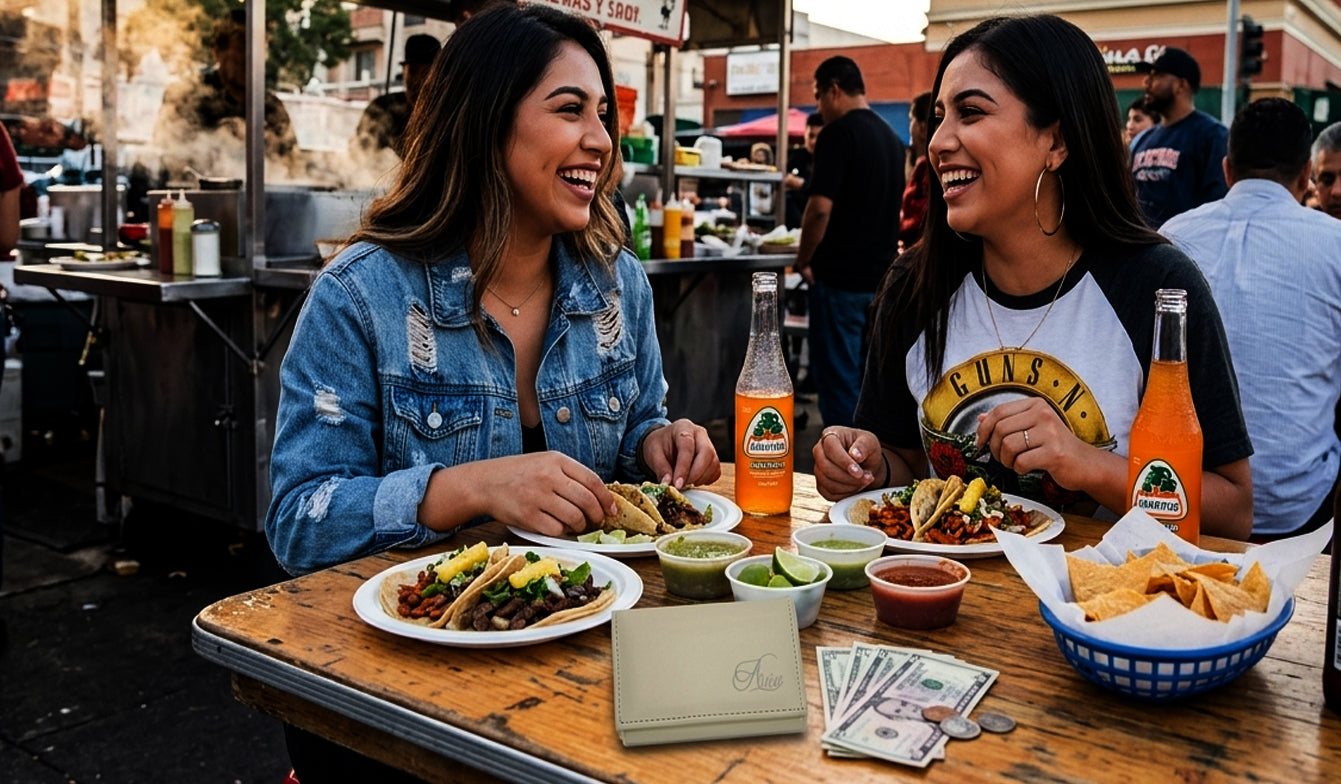 Aricio Laser Engrave (L.E.) MAG-Unique Ivory Leather wallet on a day eating tacos with friends