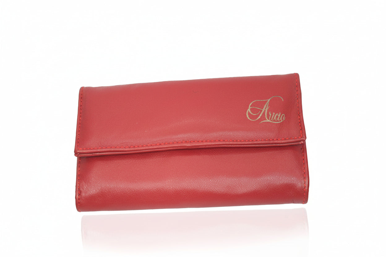 Aricio laser engraved Classic red leather wallet shown from the front