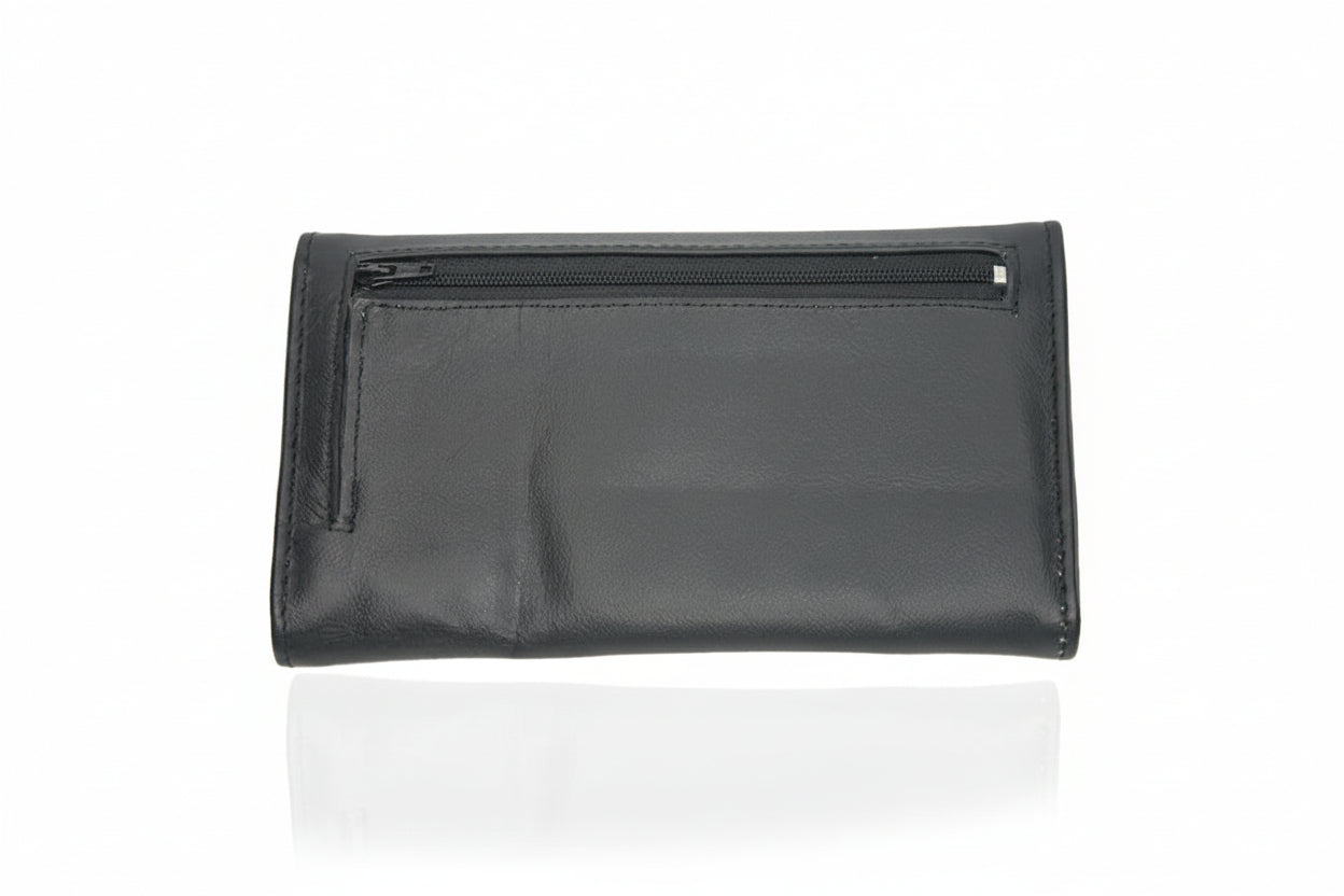 Back view of Aricio laser-engraved L.E. Grande black leather wallet, showcasing premium handcrafted leather, fine stitching, and refined luxury detailing.