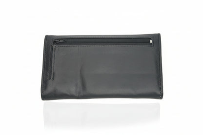 Back view of Aricio laser-engraved L.E. Grande black leather wallet, showcasing premium handcrafted leather, fine stitching, and refined luxury detailing.