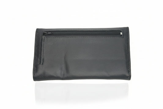 Back view of Aricio laser-engraved L.E. Grande black leather wallet, showcasing premium handcrafted leather, fine stitching, and refined luxury detailing.