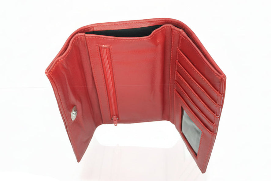 Aricio laser engraved le Mag Grande red leather wallet shown open inside
