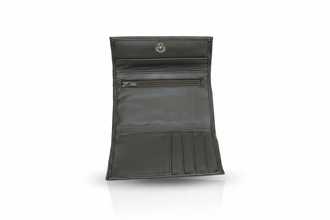 Aricio laser engraved LE Native tobacco leather wallet open inside view