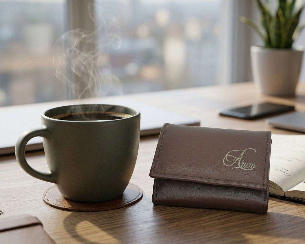 Aricio laser engraved LE tabacco leather wallet next to coffee cup