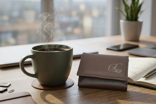 Aricio laser engraved LE tabacco leather wallet next to coffee cup