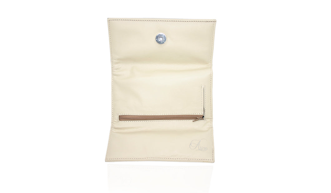 Aricio laser engraved LED Dual Mag ivory leather wallet back open view showcasing interior compartments and detailed craftsmanship