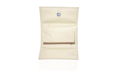 Aricio laser engraved LED Dual Mag ivory leather wallet back open view showcasing interior compartments and detailed craftsmanship