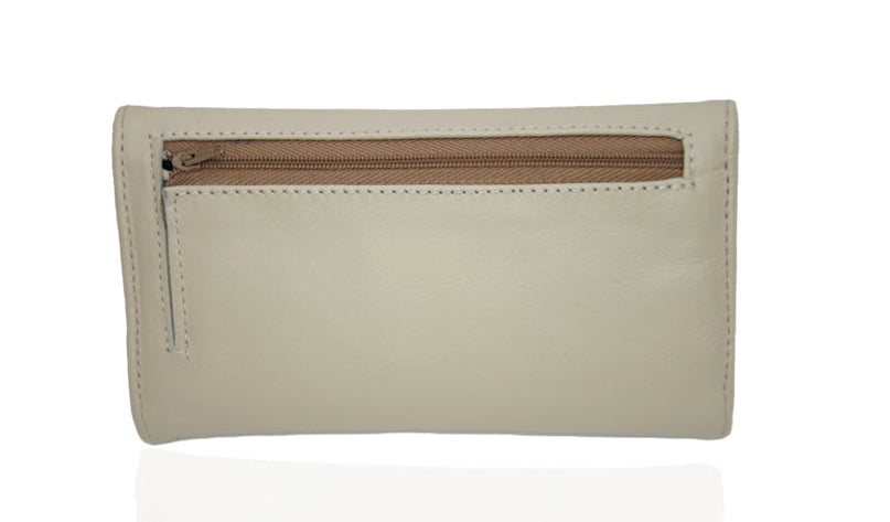 Aricio laser engraved LED Dual Mag ivory leather wallet back view highlighting refined craftsmanship and minimalist design details