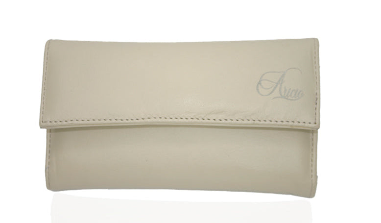 Aricio laser engraved LED Dual Mag ivory leather wallet shown from the front