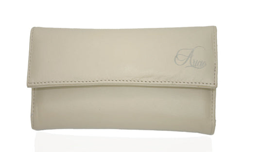 Aricio laser engraved LED Dual Mag ivory leather wallet shown from the front