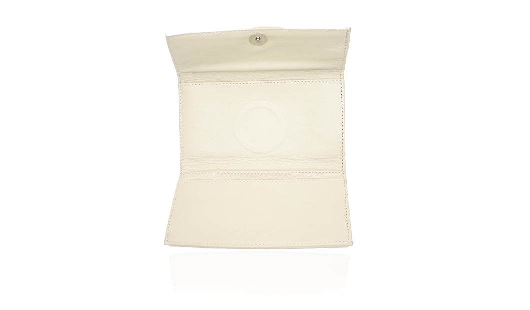 Aricio laser engraved LED Dual Mag ivory leather wallet inside view highlighting interior compartments and craftsmanship details