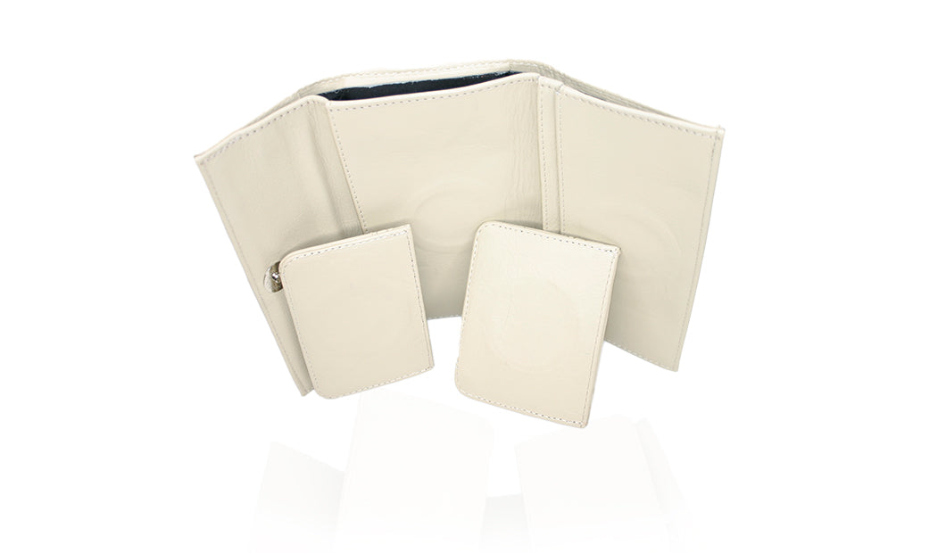 Aricio laser engraved LED Dual Mag ivory leather wallet shown with open pocket detail