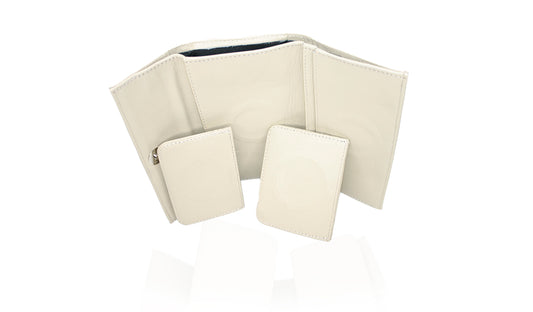 Aricio laser engraved LED Dual Mag ivory leather wallet shown with open pocket detail