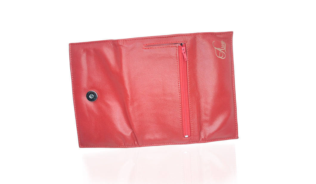 Aricio laser engraved Mag Grande red leather wallet front open view showcasing interior compartments and craftsmanship details