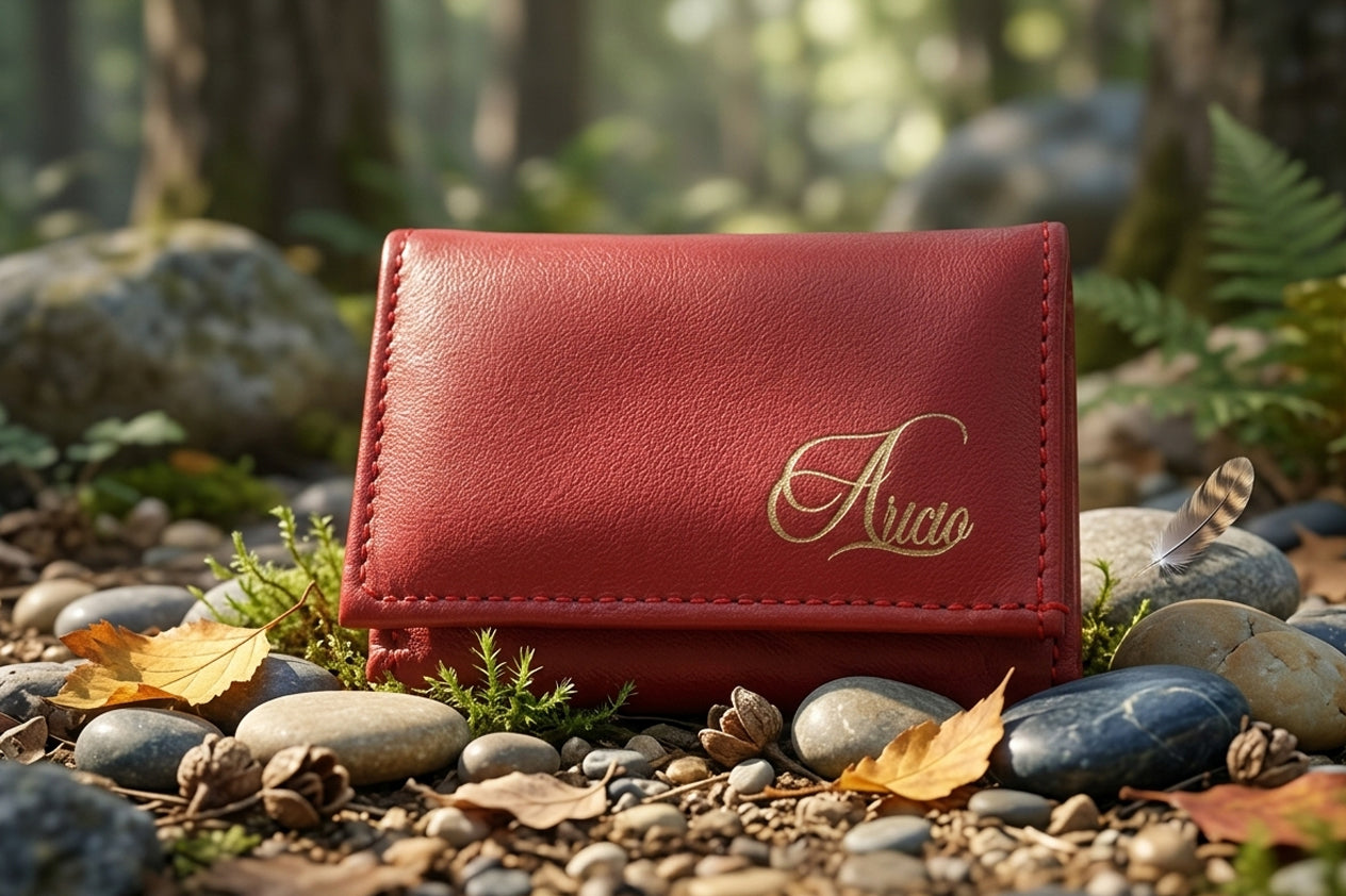 Aricio laser engraved unique red leather wallet placed outdoors on the ground