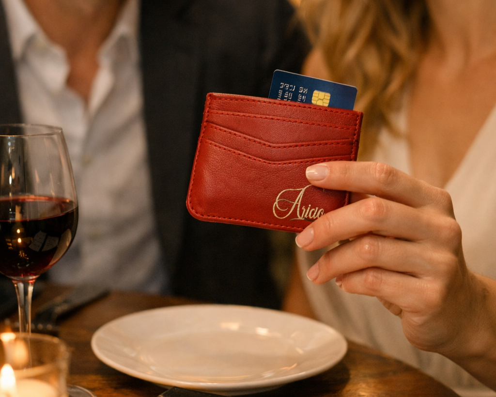 Aricio laser engraved red leather credit card holder used on a special date night