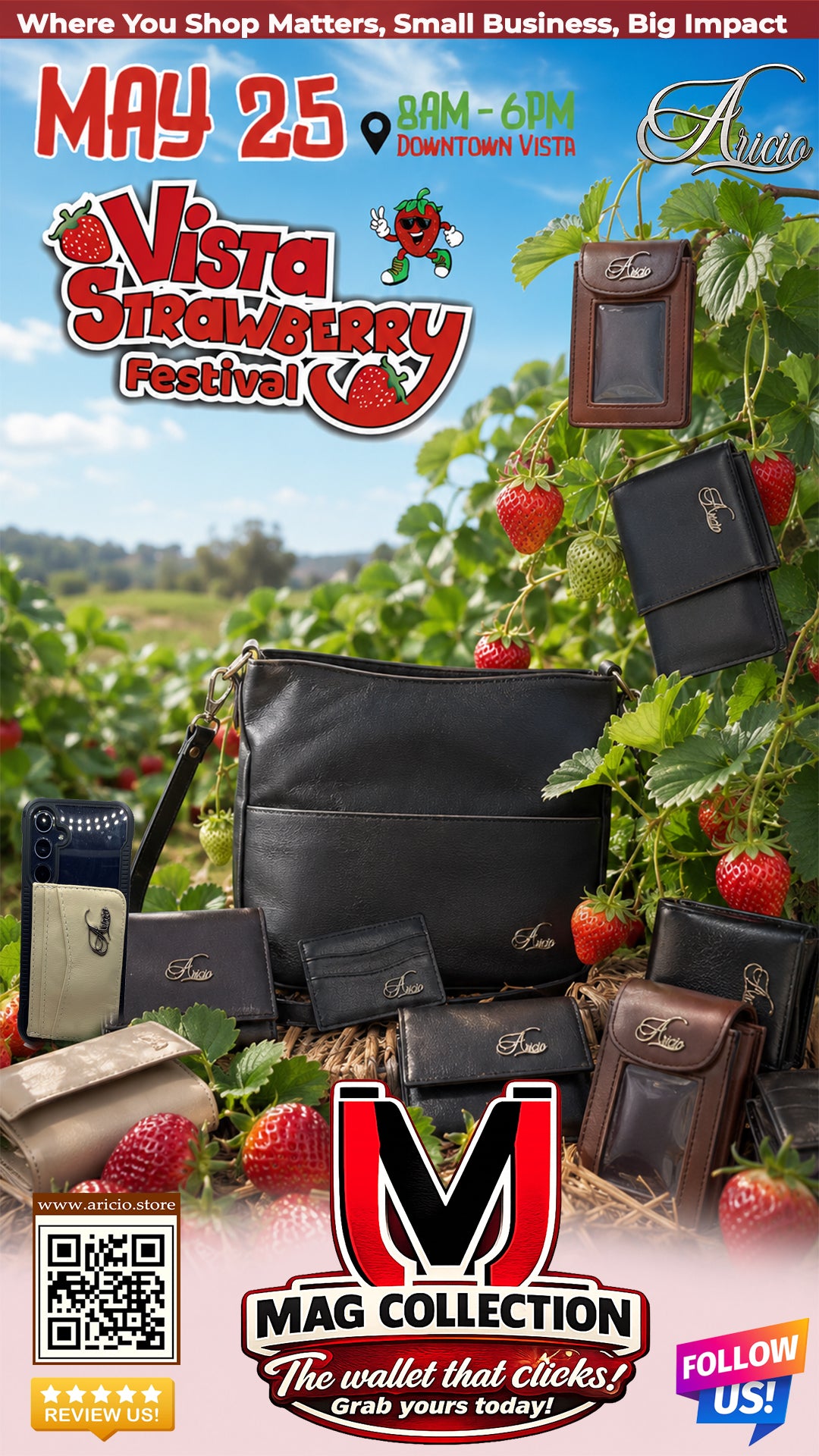 Aricio luxury leather wallets and purses promotional poster for the 2026 Vista Strawberry Festival, featuring handcrafted black leather bags and Mag Collection magnetic wallets against a strawberry field background
