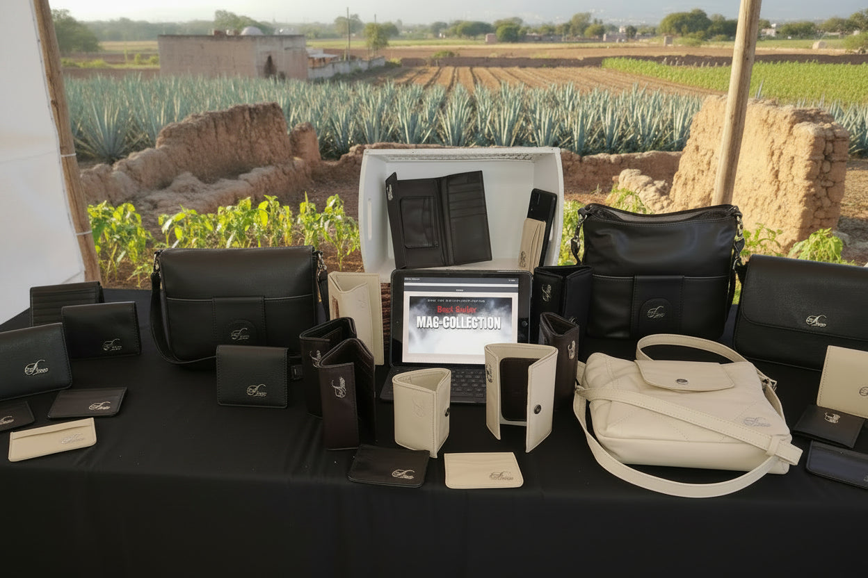 A premium collection of Aricio black and cream RFID-protected leather magnetic wallets, card holders, and bags displayed outdoors on a table with a farm and field backdrop.
