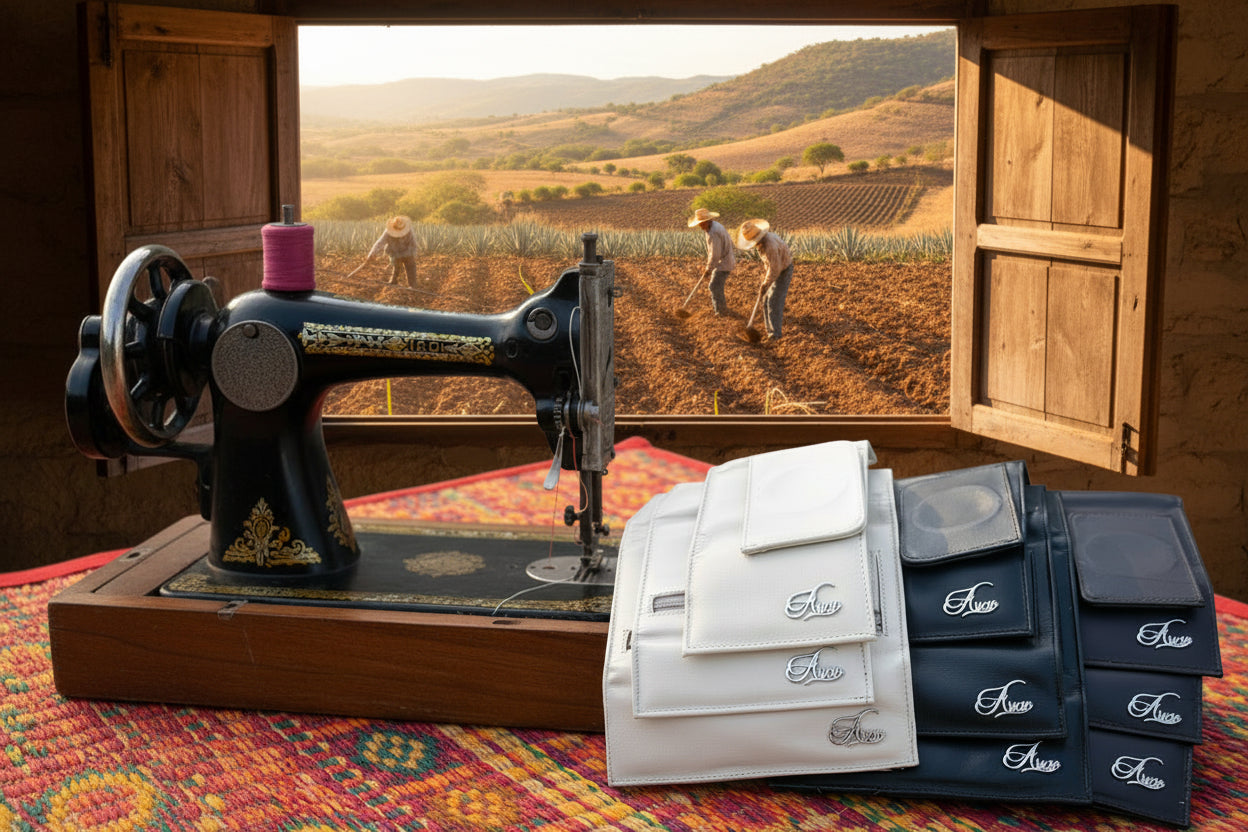 Aricio Mag Collection displayed next to a sewing machine, highlighting handcrafted leather wallet production, premium craftsmanship, and attention to detail in a workshop setting.