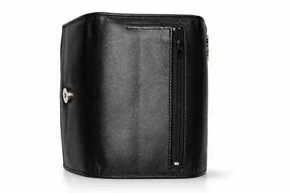 Premium Aricio Mag Grande sleek black leather trifold wallet showcasing fine craftsmanship and minimalist design details