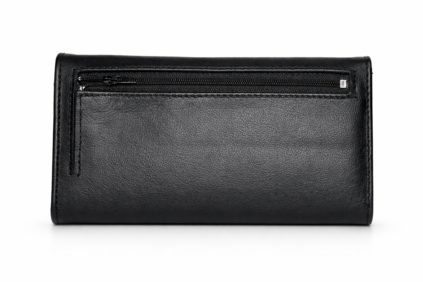Mag Grande black leather wallet shown from the back view
