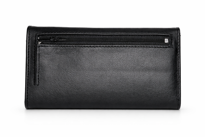 Mag Grande black leather wallet shown from the back view