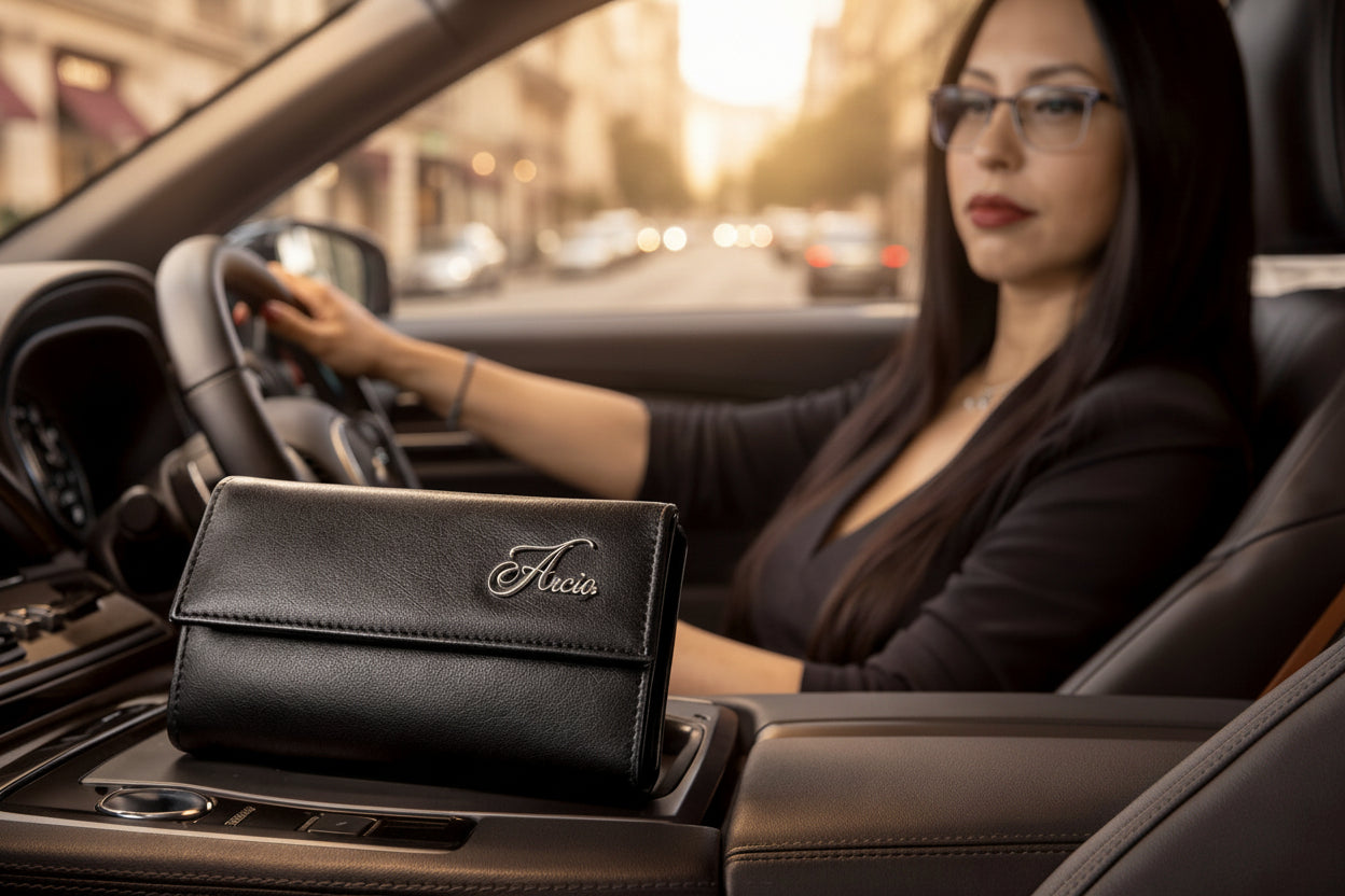 Aricio Mag Grande black leather wallet being held by a female model