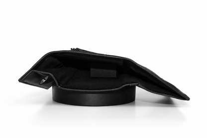 Premium Aricio Mag grande black leather wallet displayed on a white surface highlighting its sleek design and leather texture