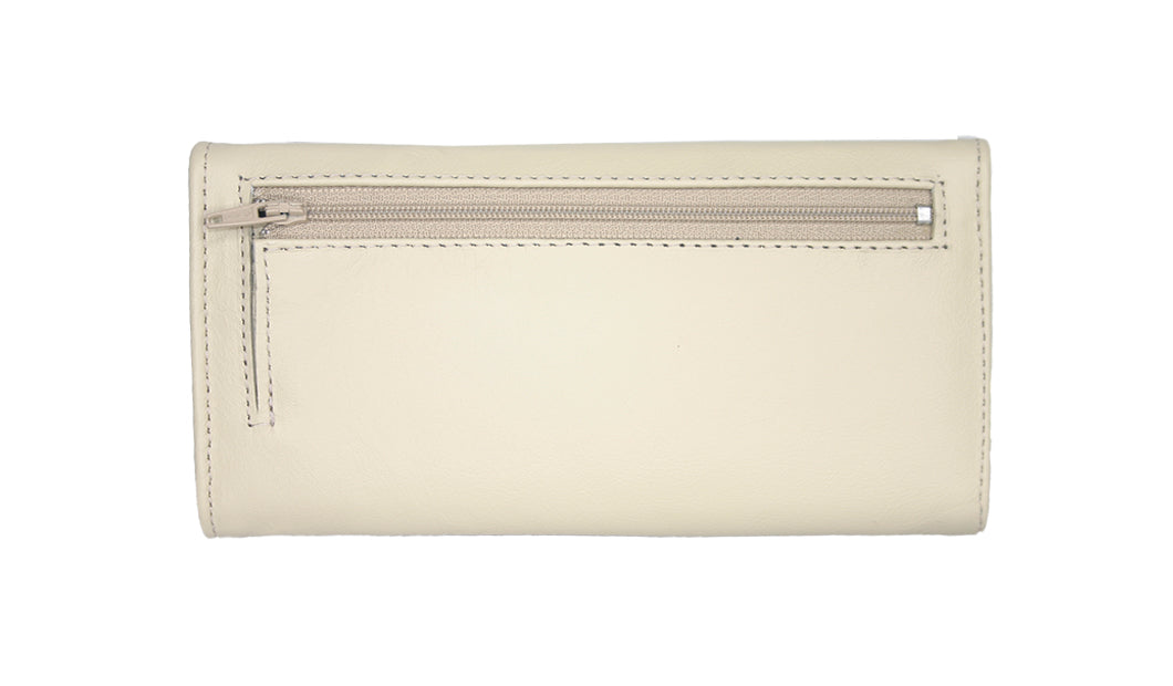 Premium Aricio Mag Grande ivory leather wallet back view highlighting fine leather texture and craftsmanship details