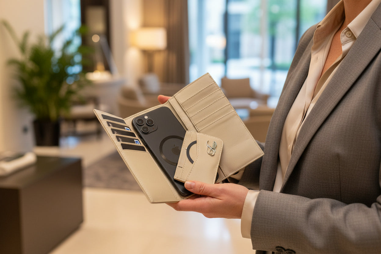 Professional woman in a business suit holding an Aricio Mag Grande ivory leather wallet with a magnetic phone attachment.