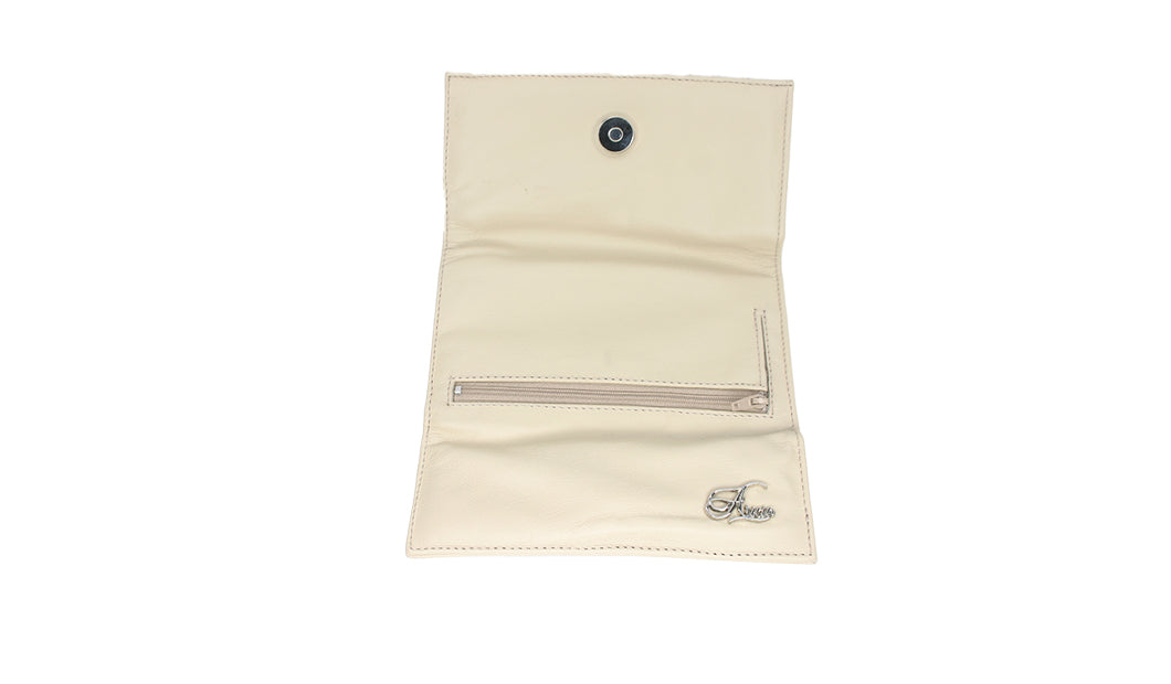 Premium Aricio Mag Grande ivory leather wallet open front view displaying interior compartments and craftsmanship details