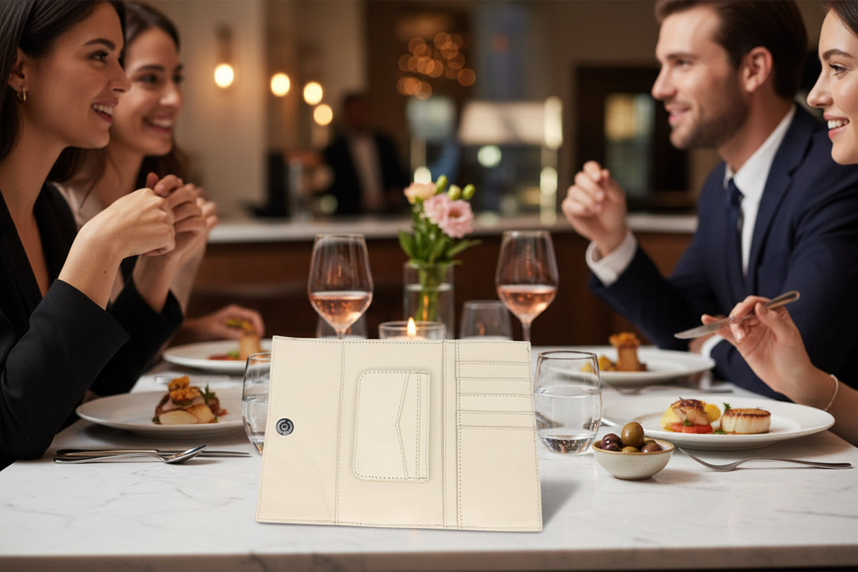 Open Aricio Mag Grande Ivory leather wallet displayed in an elegant dining scene with friends, showcasing premium craftsmanship, soft ivory leather interior, and refined luxury lifestyle setting.