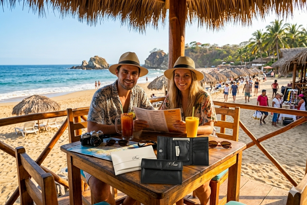 Aricio Mag Native black leather wallet used in an everyday vacation lifestyle setting