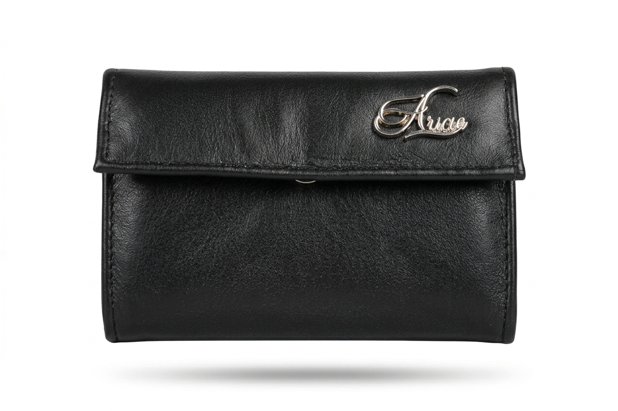 Premium Aricio Mag Native black leather wallet front view showcasing sleek design and fine leather craftsmanship