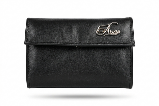Premium Aricio Mag Native black leather wallet front view showcasing sleek design and fine leather craftsmanship