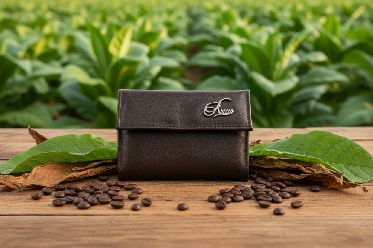 Aricio-native-mag-tobacco-leather-wallet-next to tobacco beans.