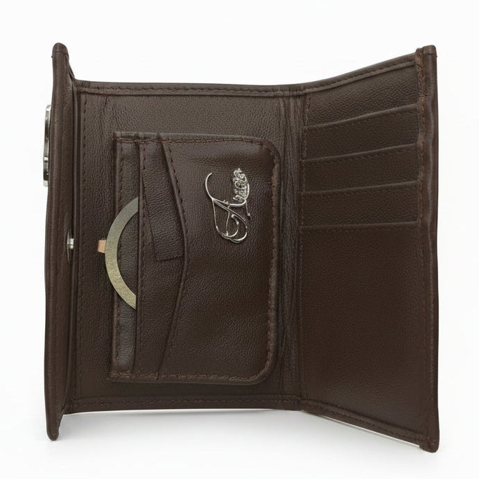 Aricio MAG Native tobacco leather wallet open with RFID MAG C card holder inside