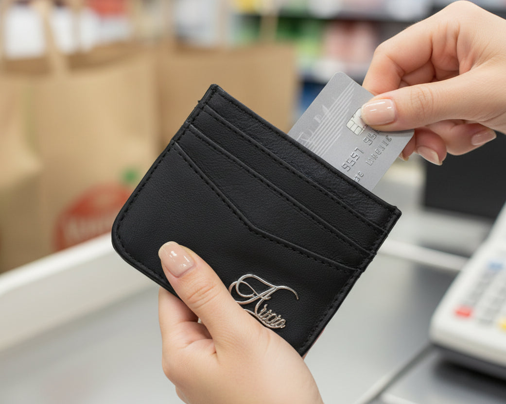 Female hand pulling a credit card from Aricio RFID C Card Classic black wallet