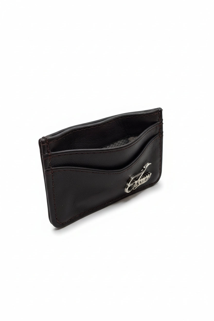 Aricio RFID MAG C black leather card holder front view with Faraday fabric protection