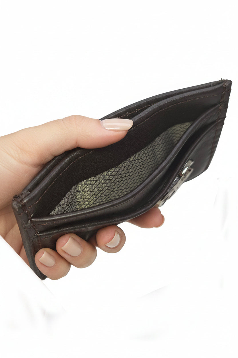 Aricio RFID MAG C tobacco leather card holder front view with Faraday shielding