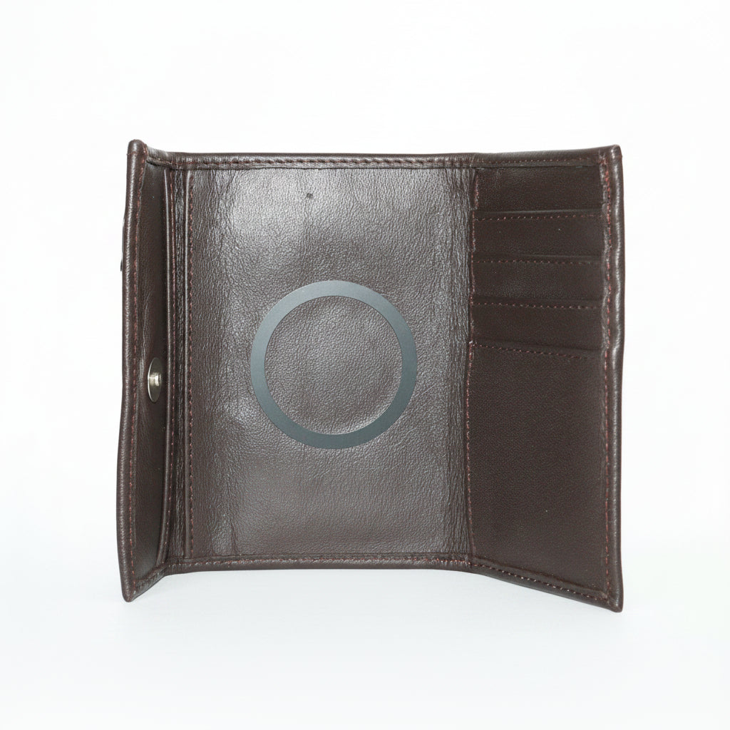 Aricio RFID MAG Native tobacco leather wallet open center front view with black metal ring